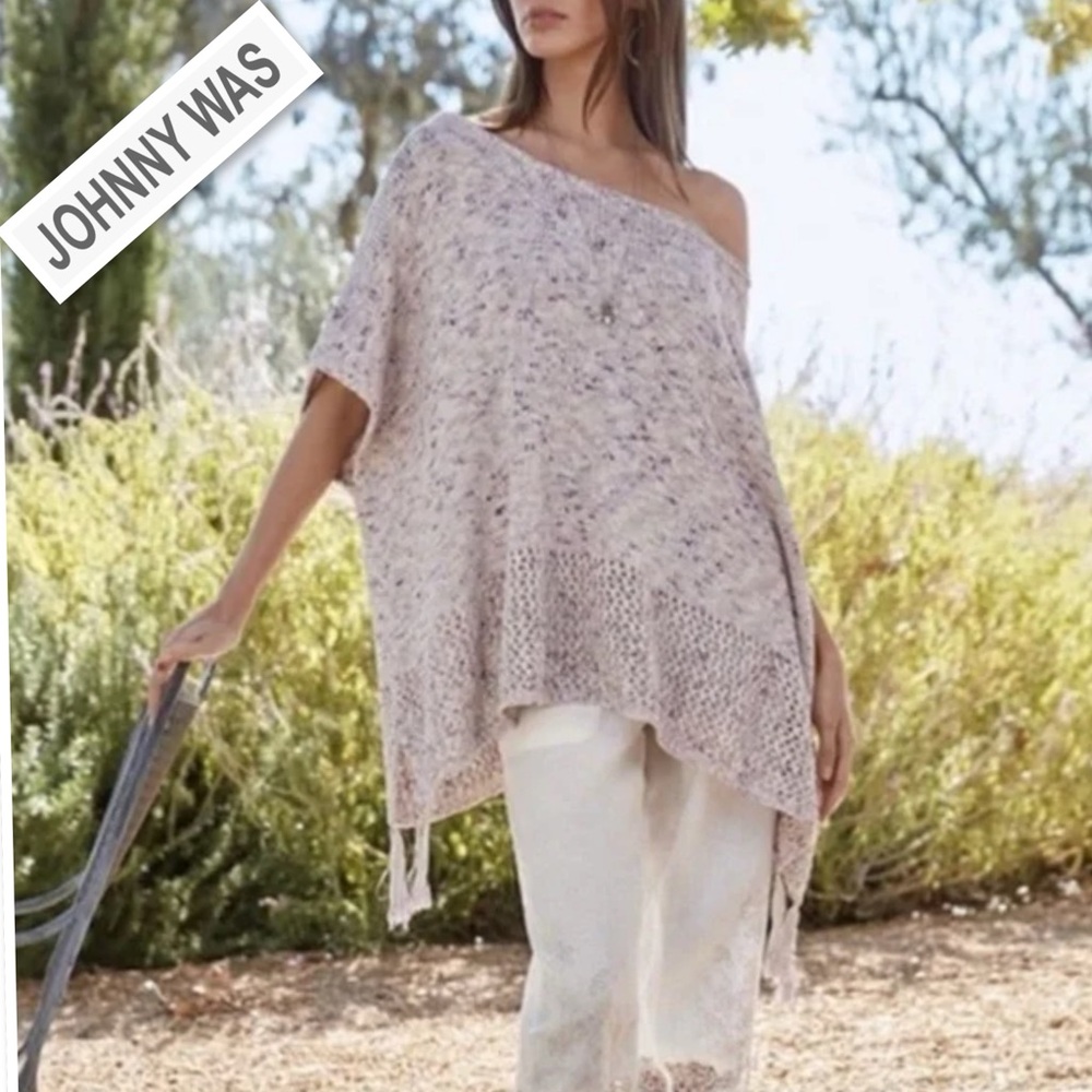 Johnny Was Blueberry Speckled Knit Tassel Sweater-Poncho Cream Size OS - Picture 2 of 13